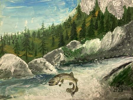 Postrv v Kokri 2023 (Akril-platno 40x30 - 2023) Franc Smrkolj